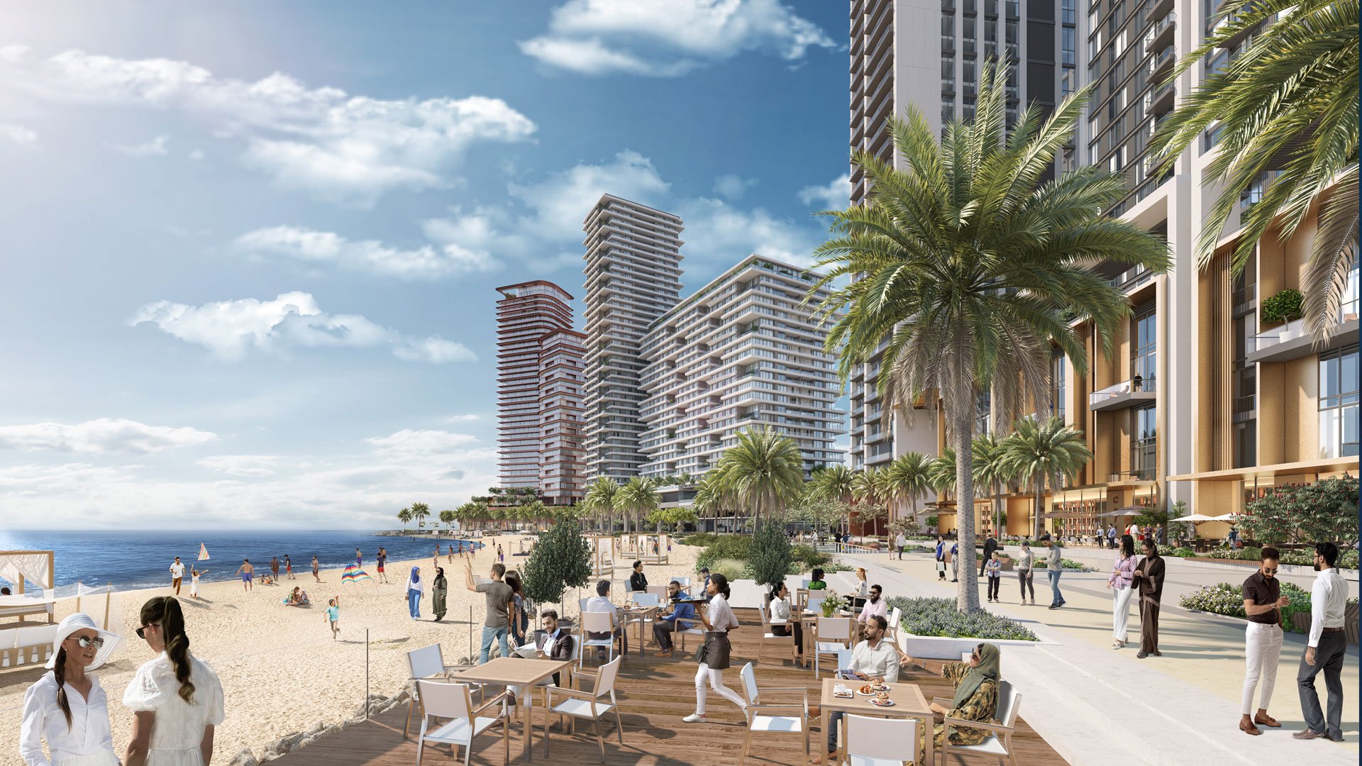 emaar_01_may23 Oceanfront development with beach club and restaurant.