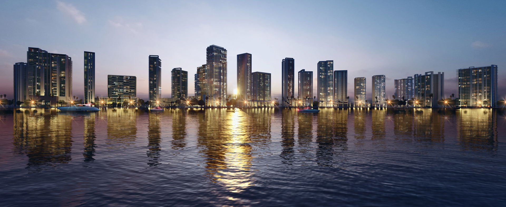 emaar_04_may23 Karachi skyline with towering buildings and a waterfront view.
